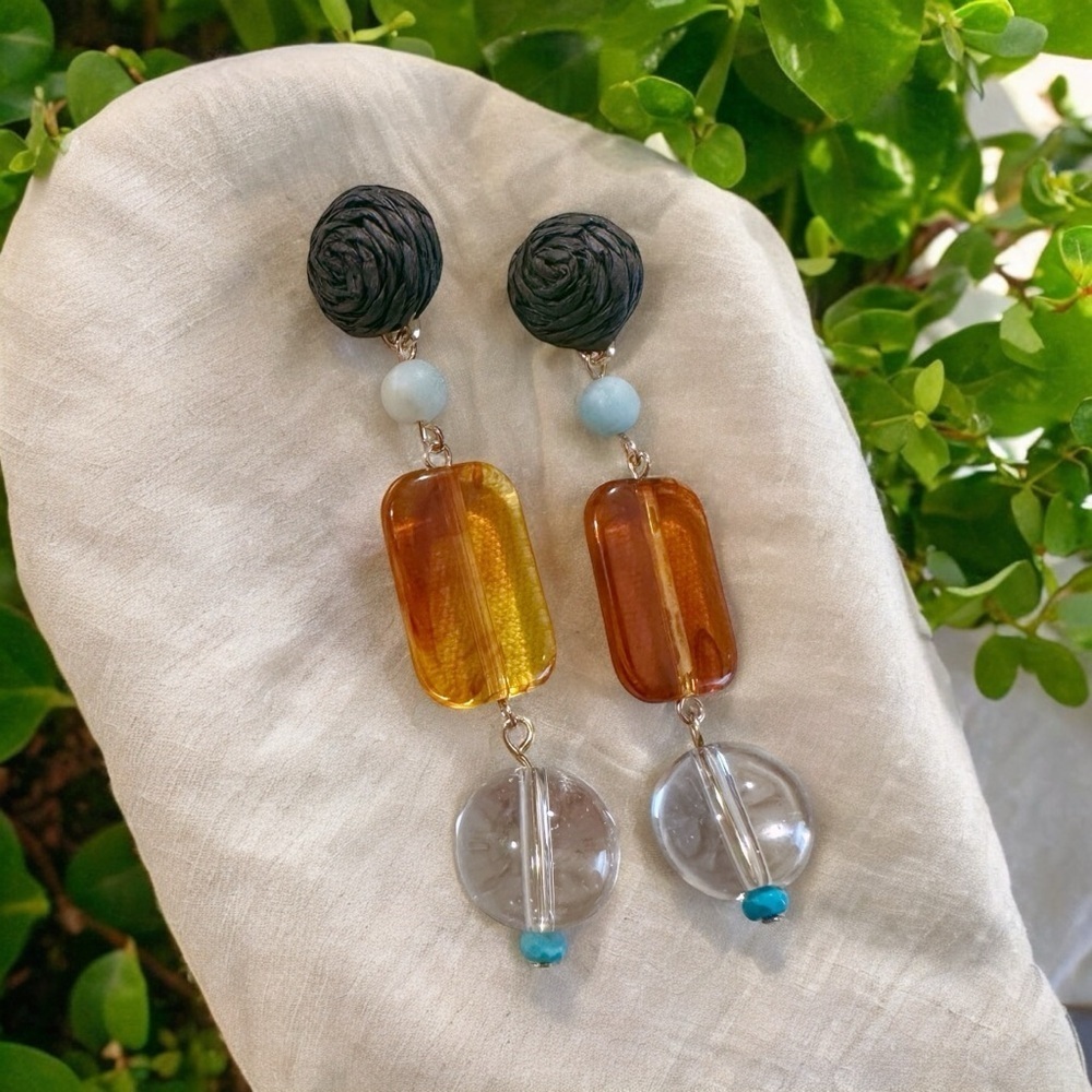NEW Handmade Bohemian Neutral Black, Teal & Brown Gemstone Drop Earrings